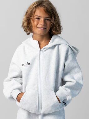 Comfrt Kids Light Gray Zip Hoodie with 'comfrt' Logo